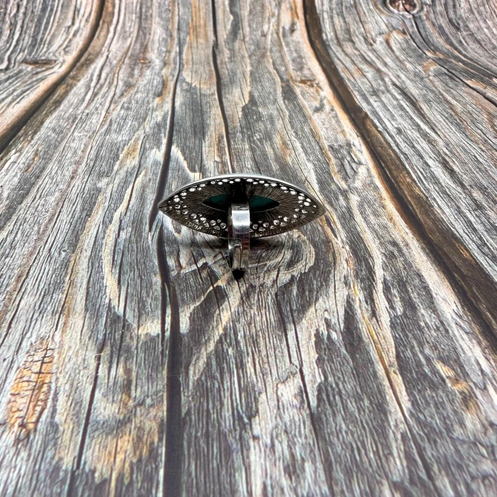 Boho Turquoise Oval Statement Ring Silver Tone Filigree Adjustable Vintage Gift